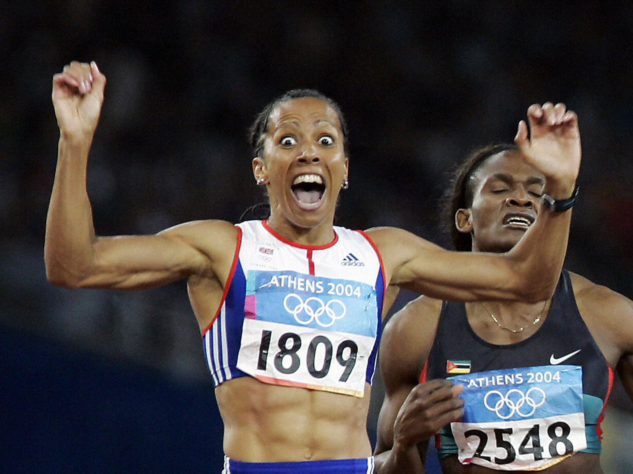 Kelly Holmes takes the 800m title for the first of two Olympic gold medals in Athens