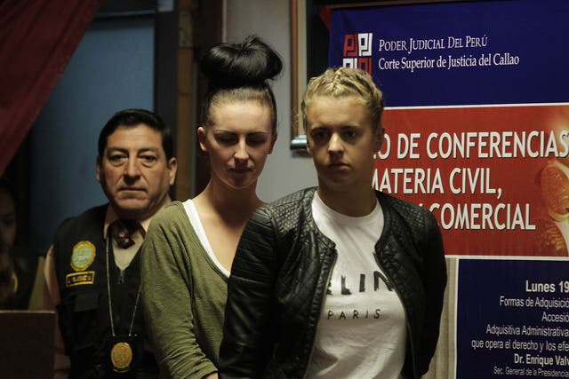 Michaella McCollum Connolly, second right, and Melissa Reid, far right, after their arrest for drugs smuggling in Peru