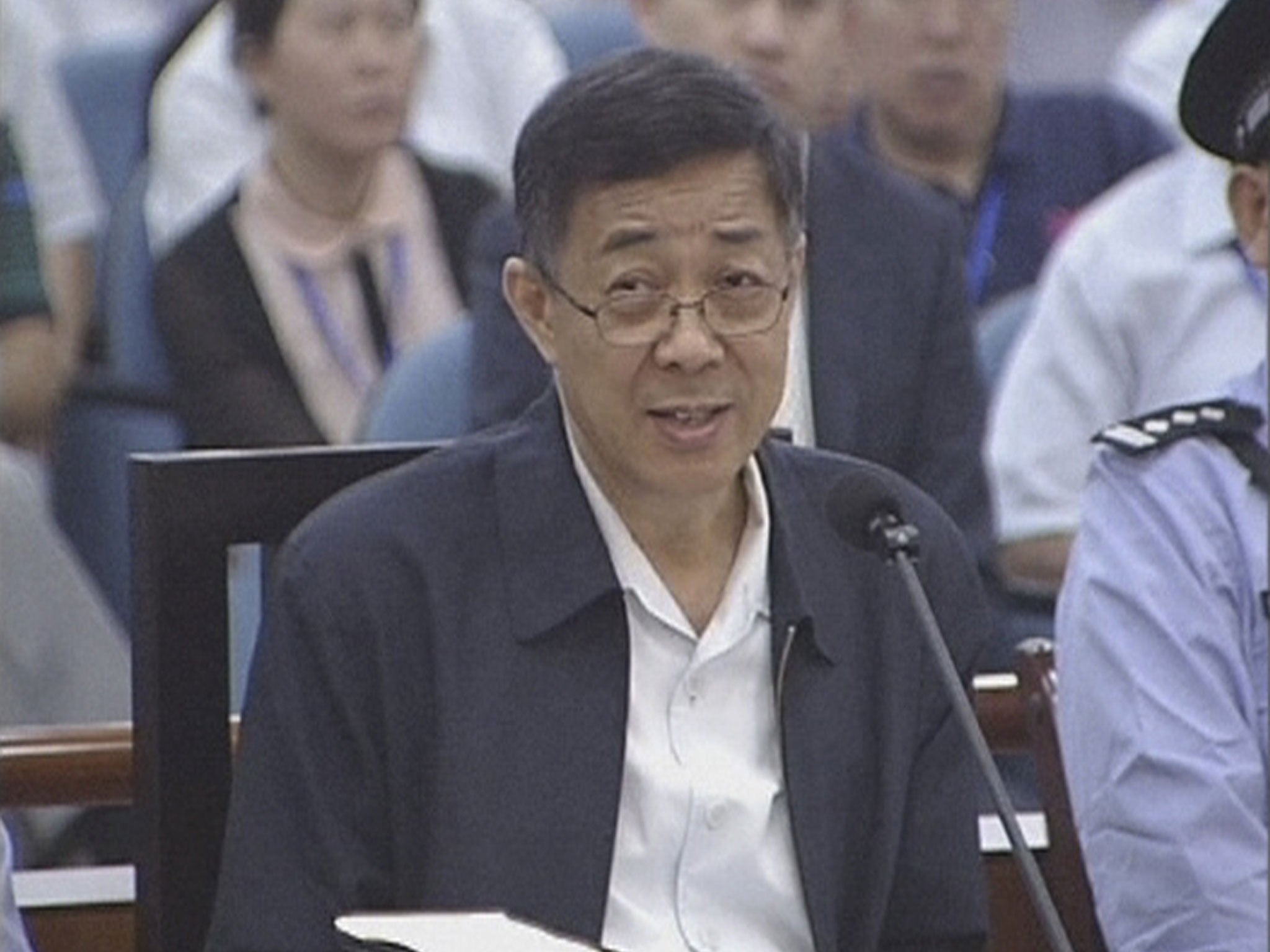 On trial: Disgraced Bo Xilai addresses the court in Jinan