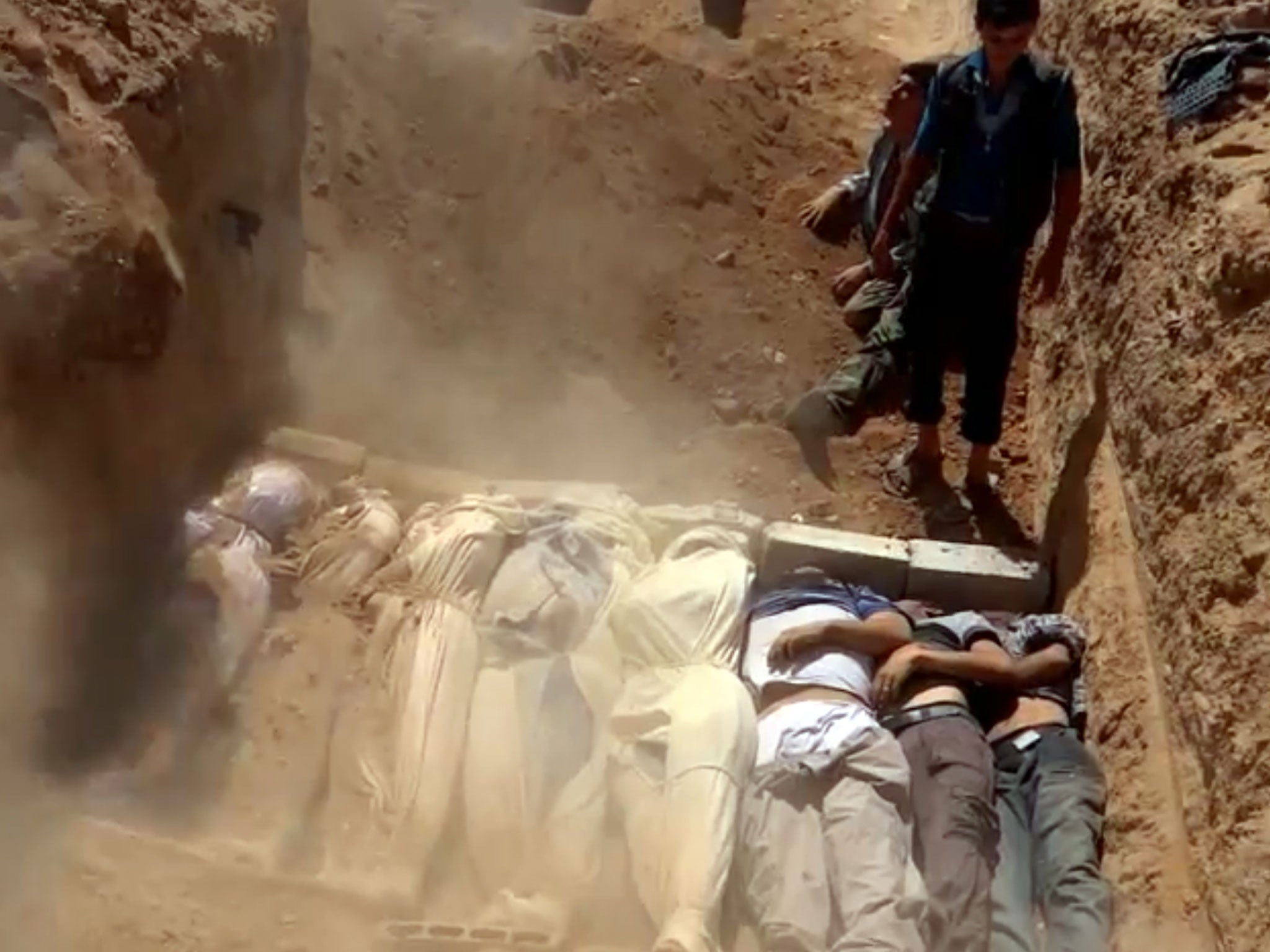 A mass grave in Damascus allegedly containing civilian victims of a toxic gas attack