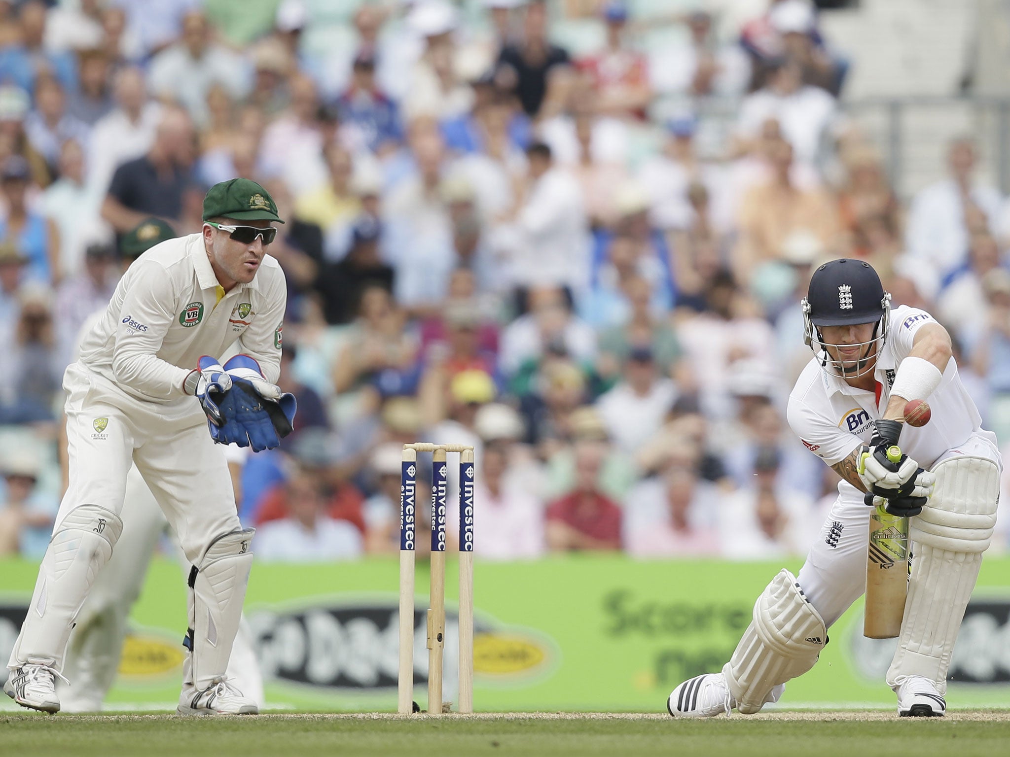 Straight bat: Even the flamboyant Kevin Pietersen went on the defensive in England’s first innings at The Kia Oval