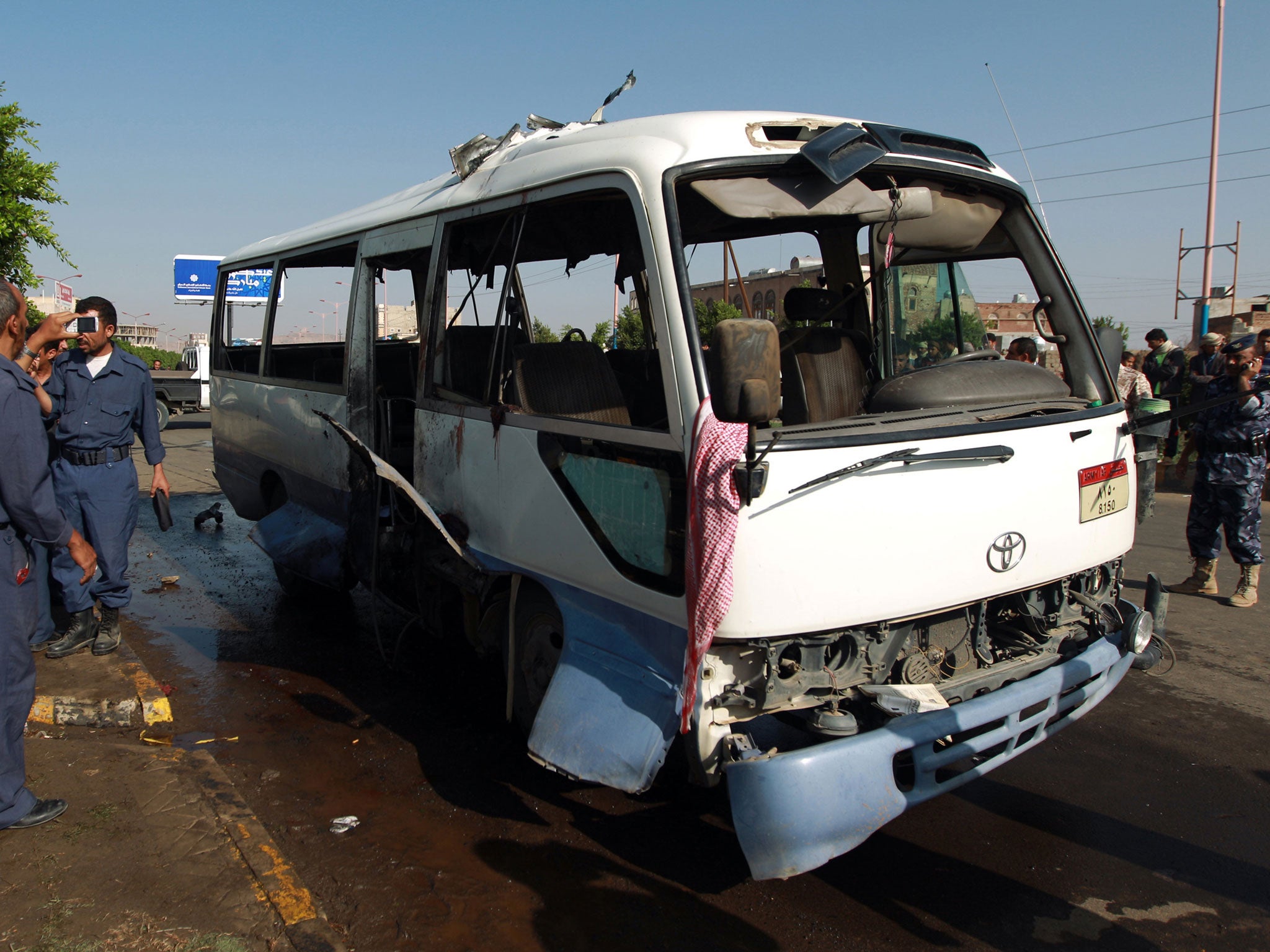 A bomb concealed on board a bus carrying Yemini air force personnel detonated, killing six people