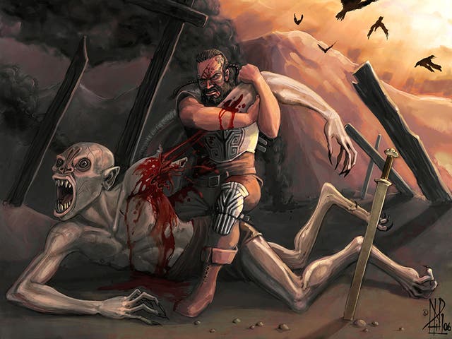 Beowulf is depicted in his battle against Grendel