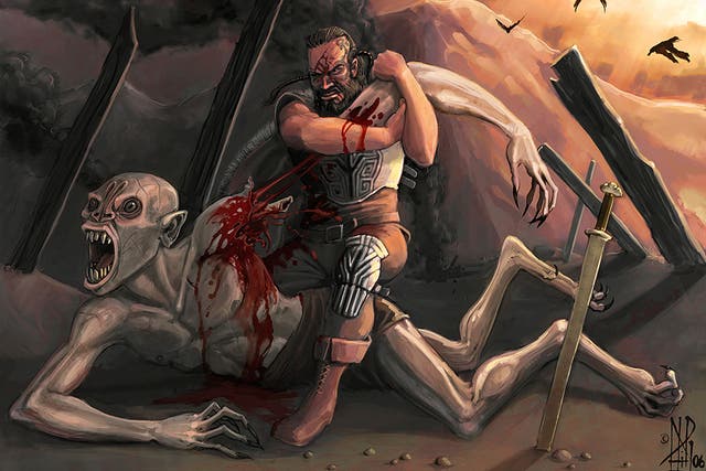 Beowulf is depicted in his battle against Grendel