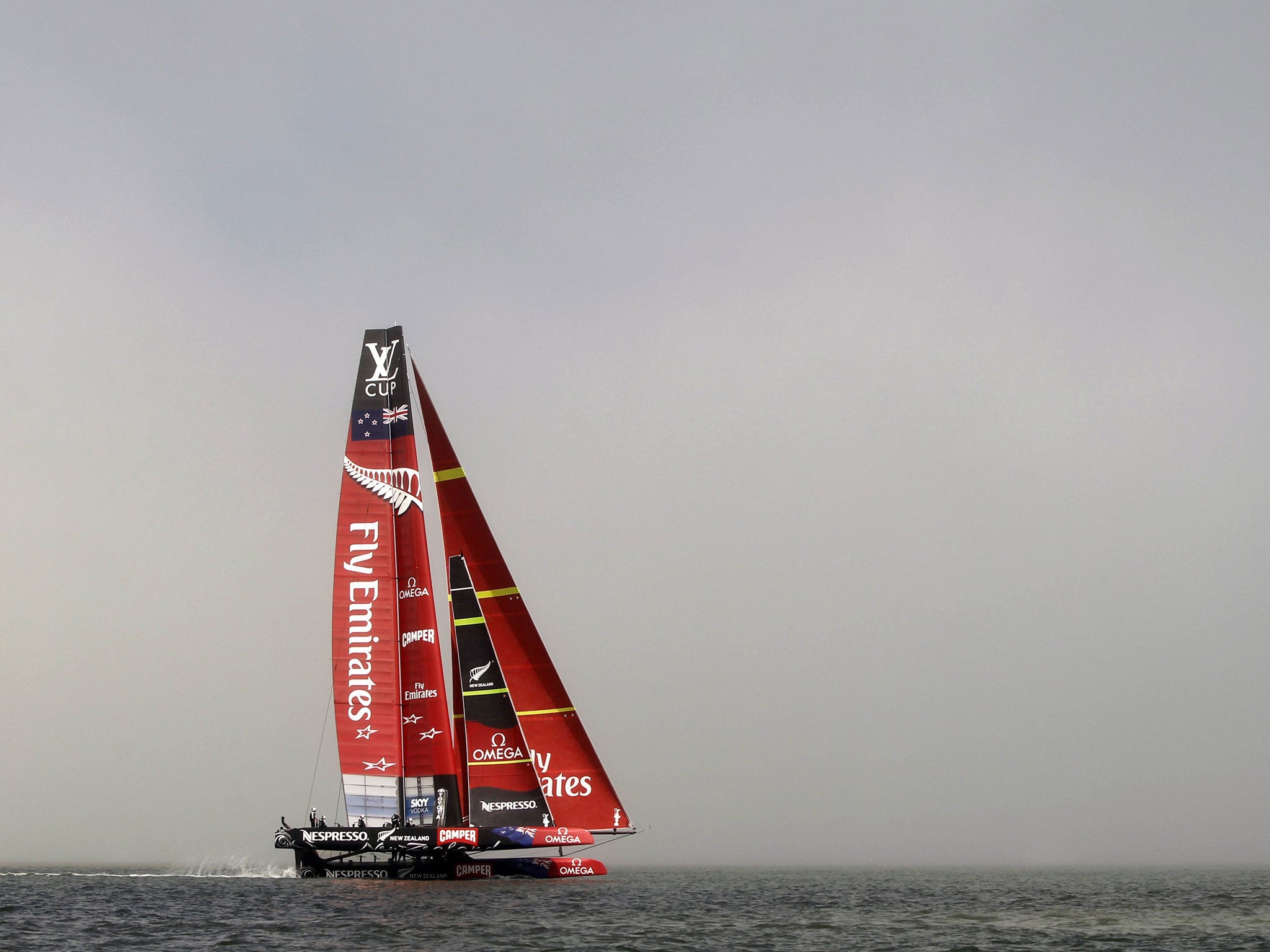 Emirates Team New Zealand sails en route to winning the 30th anniversary Louis Vuitton Cup final against Italy's Luna Rossa Challenge on San Francisco Bay, California