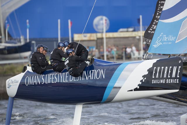 Defending champion The Wave Muscat, skippered by British Olympian Leigh McMillan (far left) is back in the lead overall after winning the Cardiff leg of the Extreme Sailing Series