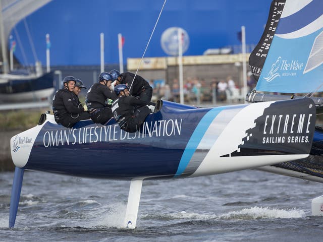 Defending champion The Wave Muscat, skippered by British Olympian Leigh McMillan (far left) is back in the lead overall after winning the Cardiff leg of the Extreme Sailing Series