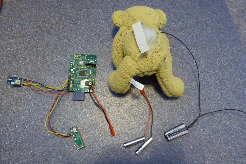 Babbage the bear with the Raspberry Pi controller that Akerman used to measure his altitude and take pictures.