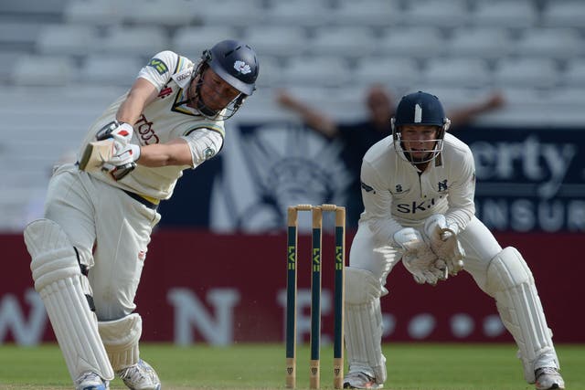 Gary Ballance smashes a six to complete a century for Yorkshire against Warwickshire earlier this month