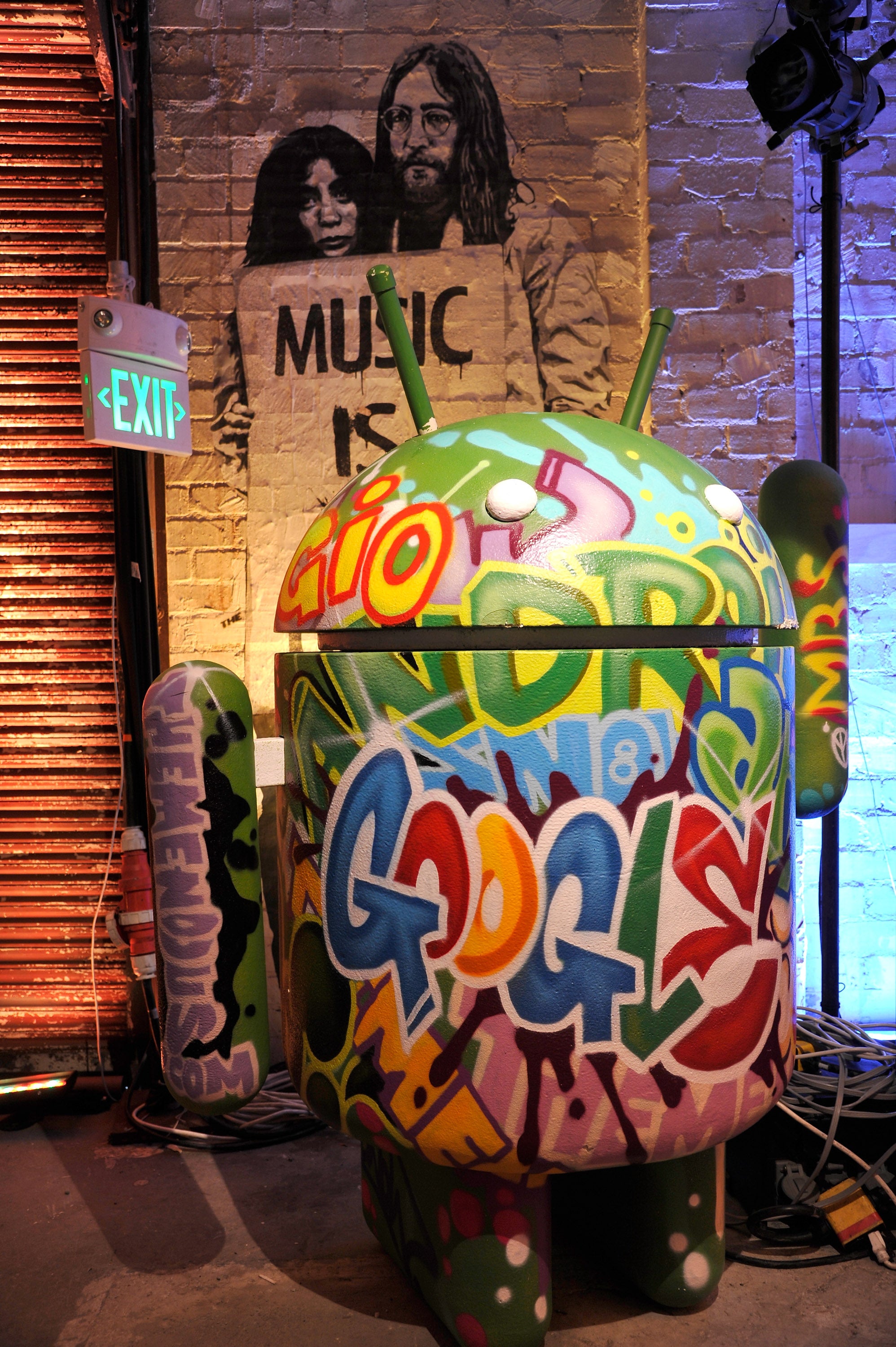 Google's Android mascot is shown decorated for the launch of Google Music in 2011.