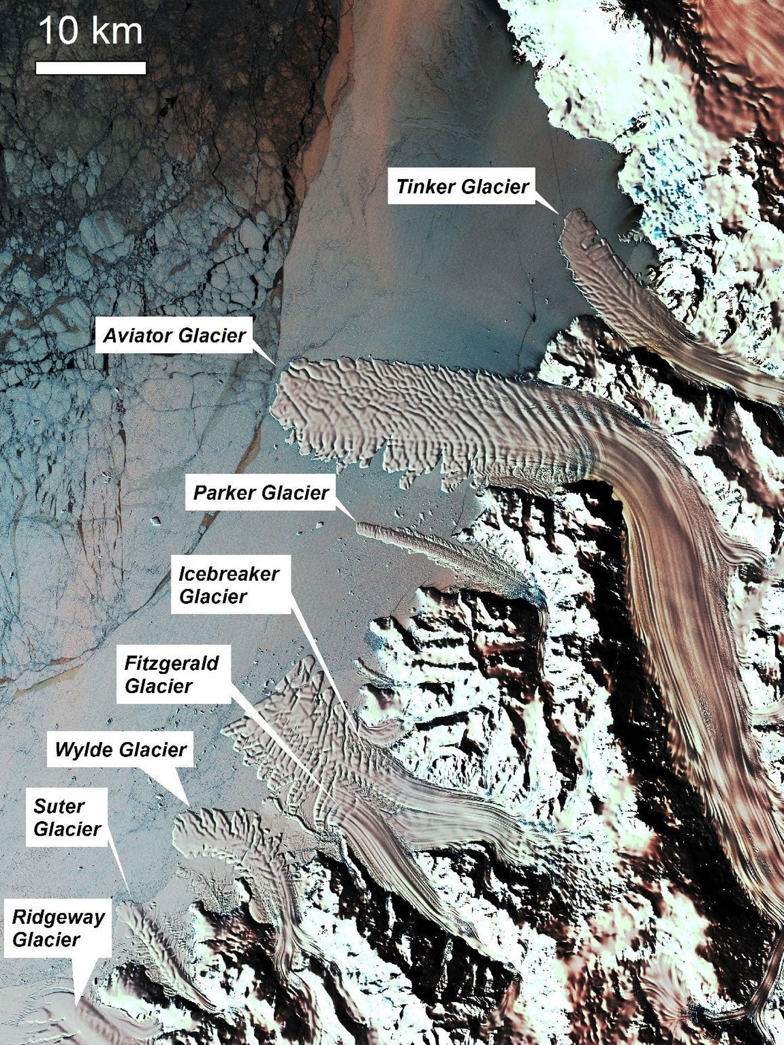 This satellite image from 2000 shows several major East Antarctic outlet glaciers flowing through the Southern Cross Mountains