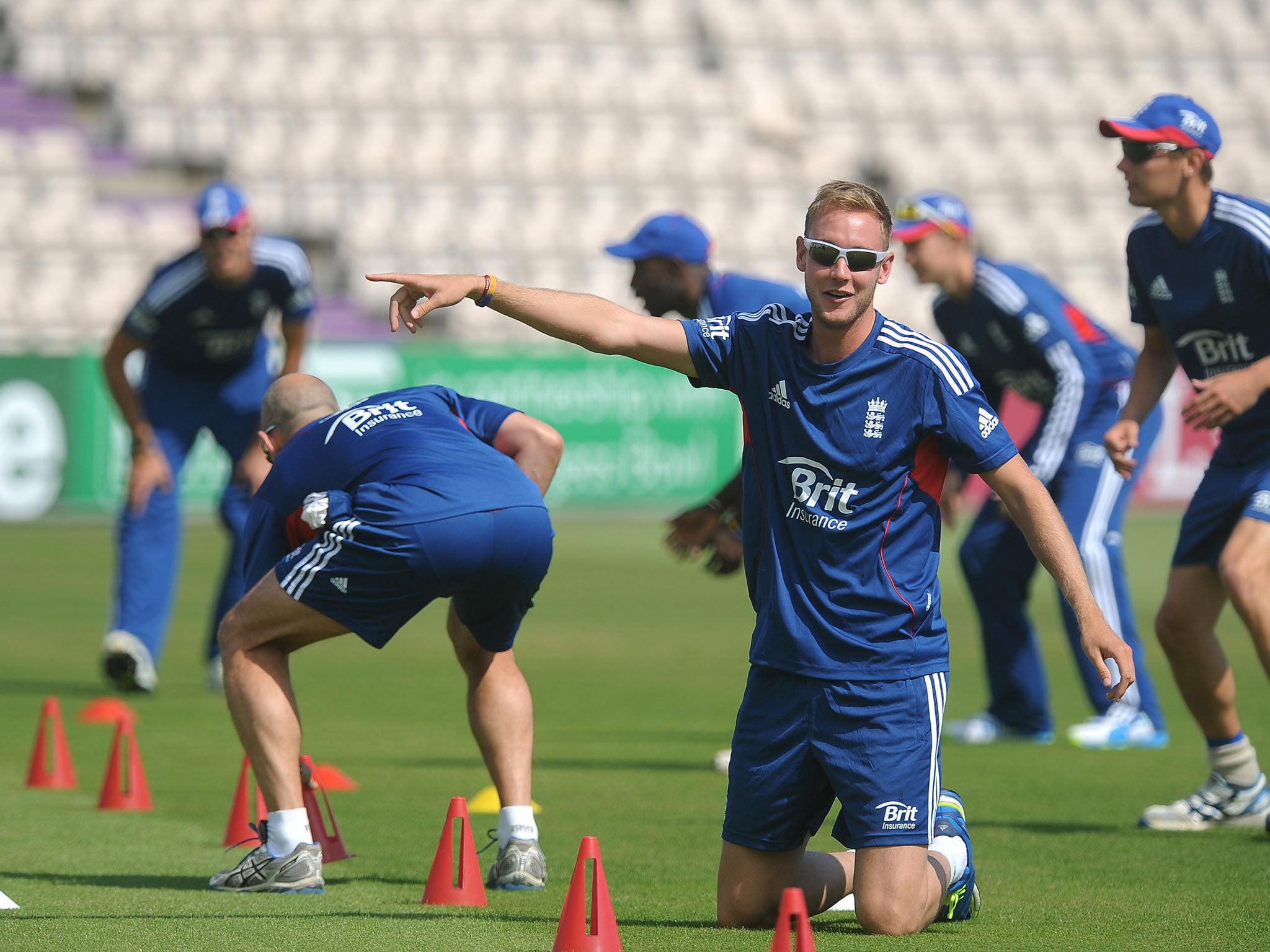 Stuart Broad has some fun at an England nets session at the Ageas Bowl this week