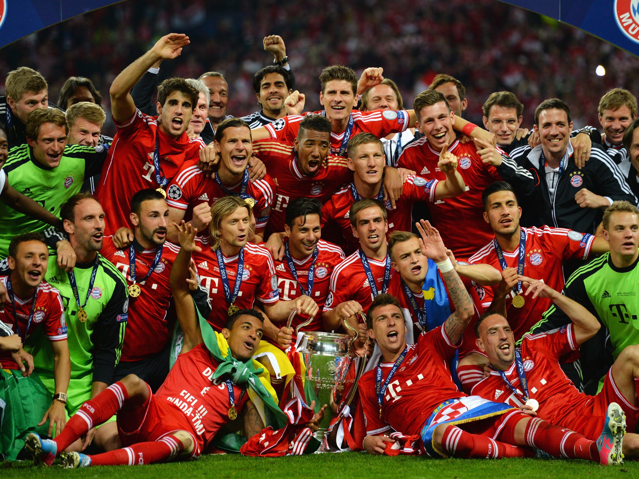 Bayern Munich celebrate with the European Cup at Wembley in May