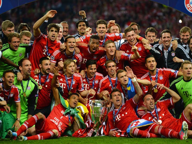 Bayern Munich celebrate with the European Cup at Wembley in May 