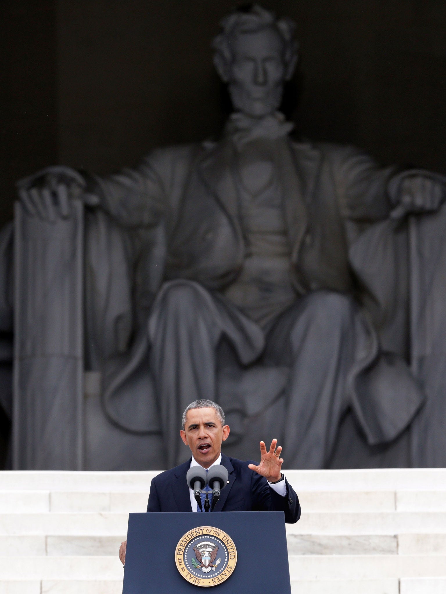 Barack Obama speaks during the Let Freedom Ring ceremony on the steps of the Lincoln Memorial