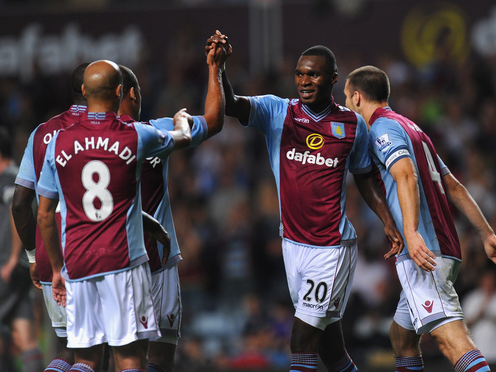 Aston Villa player Christian Benteke celebrates after scoring the second goal during the Capital One Cup second round match between Aston Villa and Rotherham