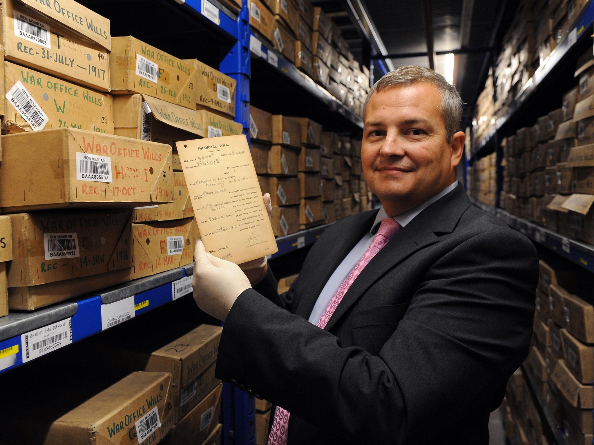 John Apthorpe, commercial director of Iron Mountain, holds the will of George Peachment who died during World War I