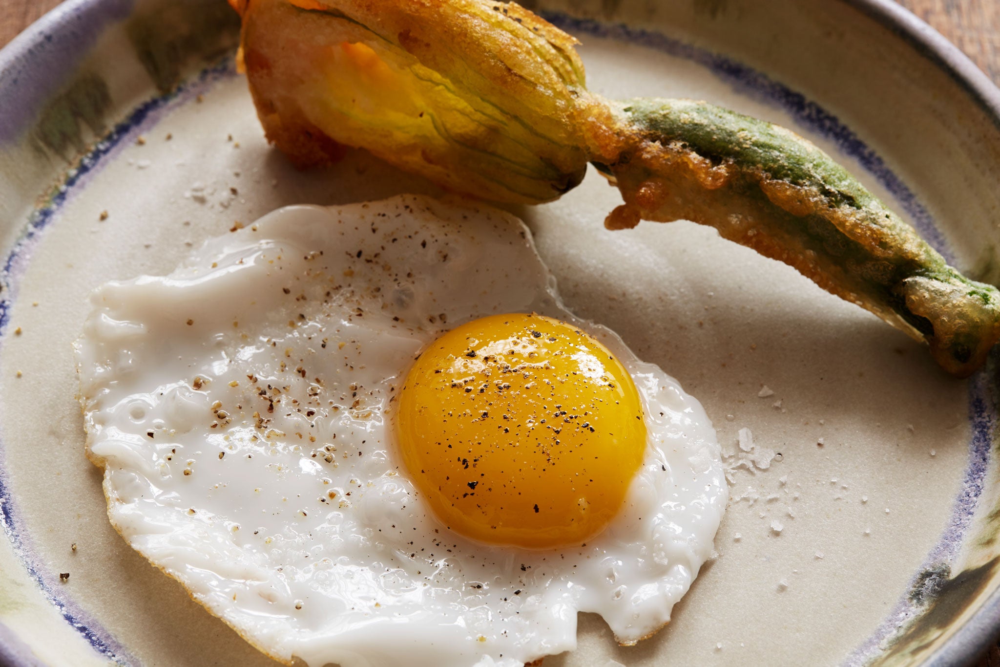 The crispness of the savoury-battered flower is great with a duck egg, creating a simple but luxurious breakfast offering