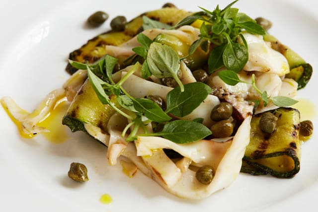 Grilled courgettes with cuttlefish and capers