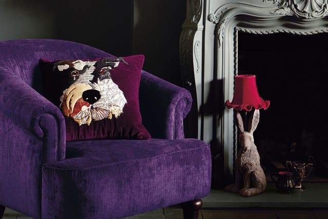 With a dark, autumnal colour palette and plenty of quirky touches, the Abigail Ahern Debenham's collection launches on 1 September. It includes this schnauzer cushion. ?40, and a rather fine hare table lamp, ?85, <a>debenhams.com</a>