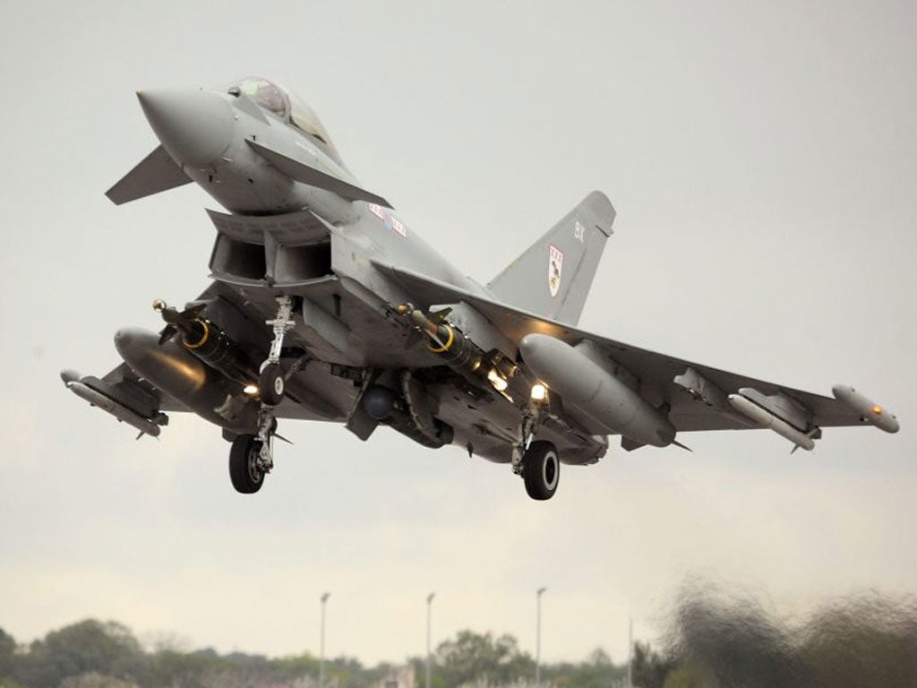 A British Typhoon jet departs from Gioia del Colle, Italy on 16 April 2011. Six RAF Typhoon jets have been deployed to Cyprus