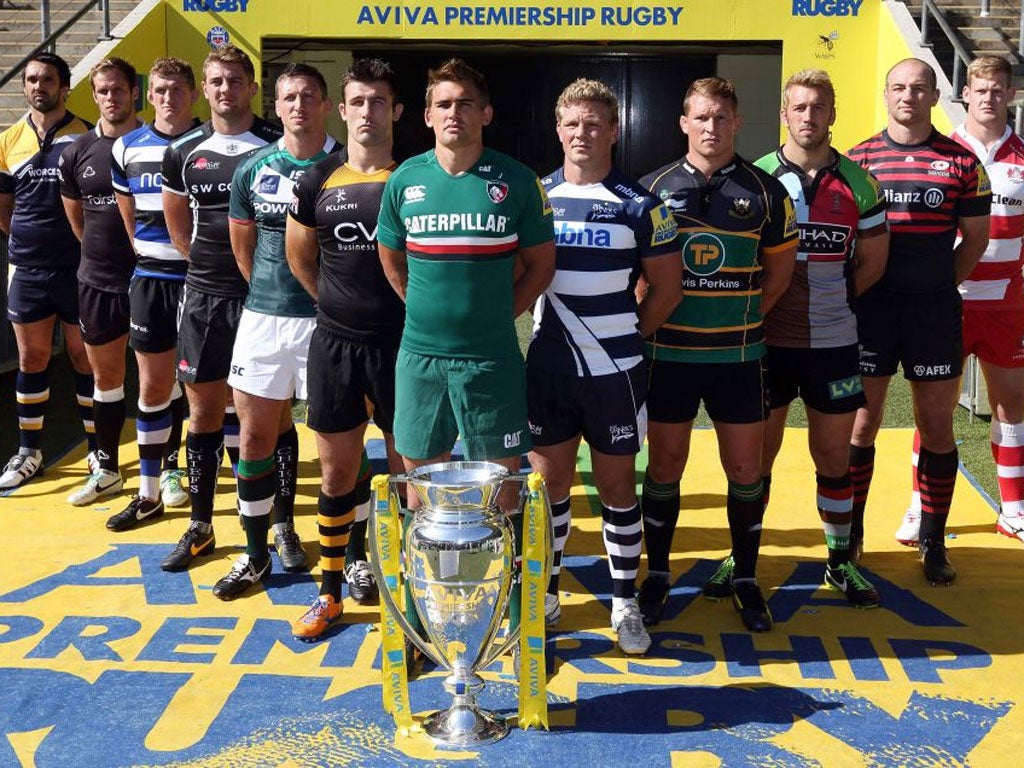 The Premiership team captains line-up at Twickenham yesterday for the new season launch