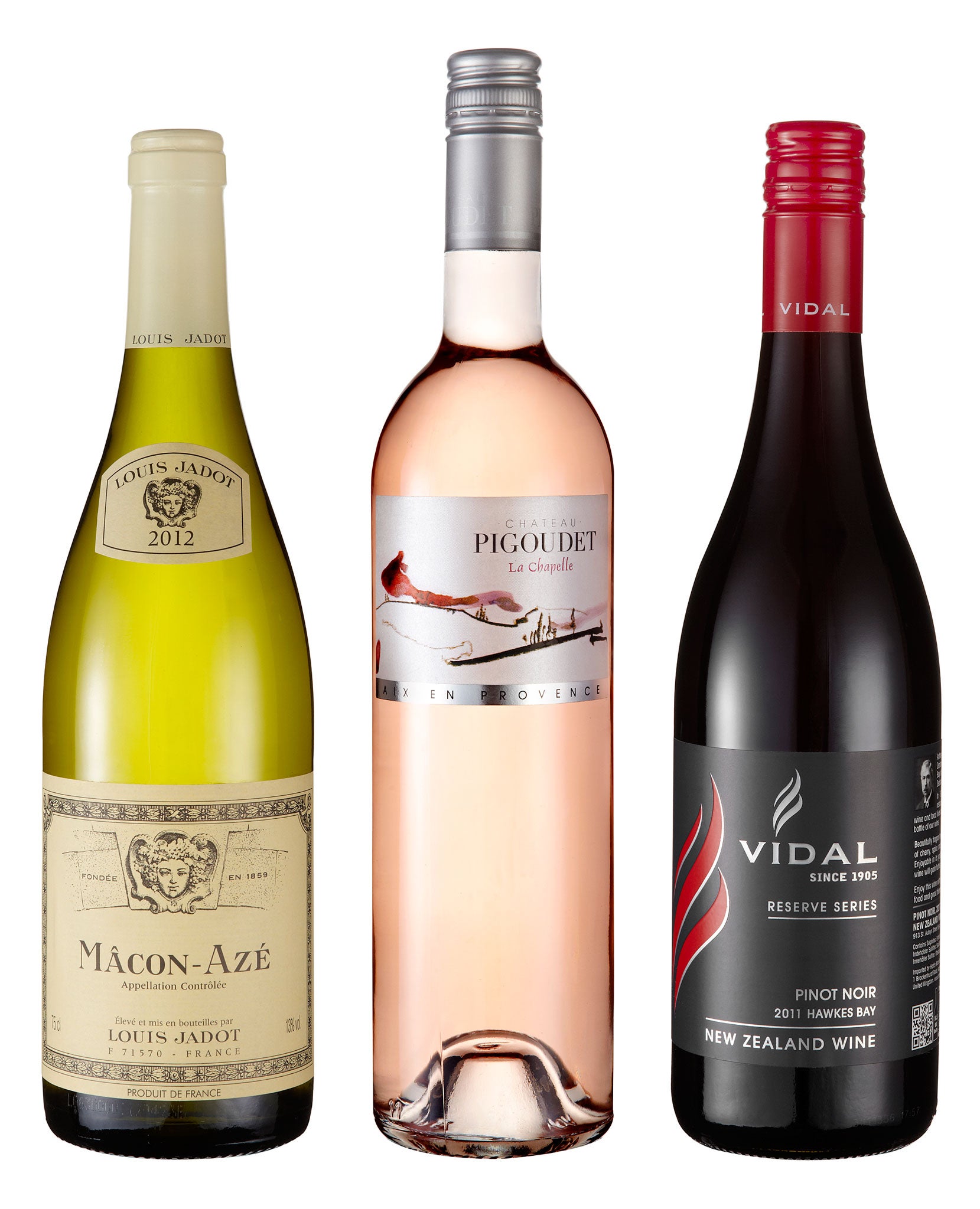 Louis Jadot Macon-Aze 2012; Chateau Pigoudet 'La Chapelle' 2012; Vidal Reserve Series Pinot Noir Hawkes Bay 2011