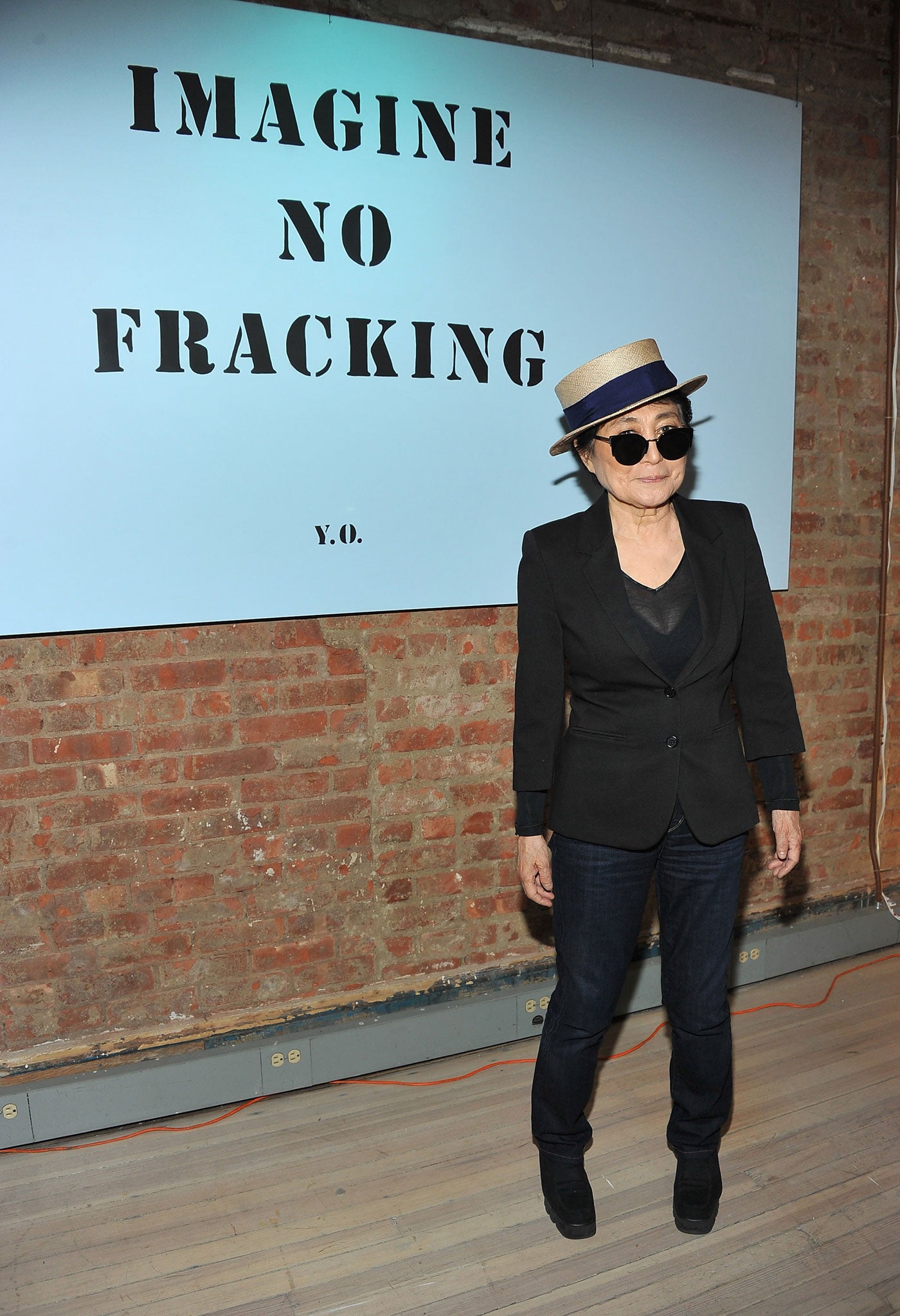 Yoko Ono at the Imagine No Fracking installation she created at ABC Home &amp; Carpet in New York in April