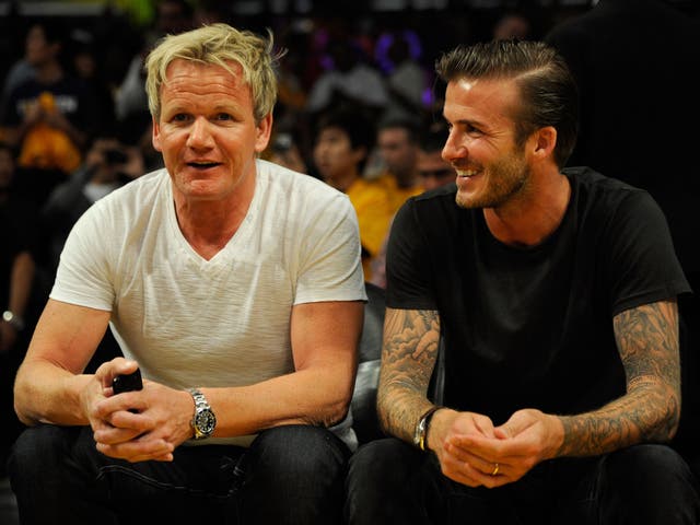 Gordon Ramsay and David Beckham watch the NBA  play-off between the Los Angeles Lakers and the Dallas Mavericks at the Staples Center in Los Angeles in 2011