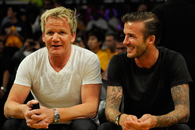 Gordon Ramsay and David Beckham watch the NBA  play-off between the Los Angeles Lakers and the Dallas Mavericks at the Staples Center in Los Angeles in 2011