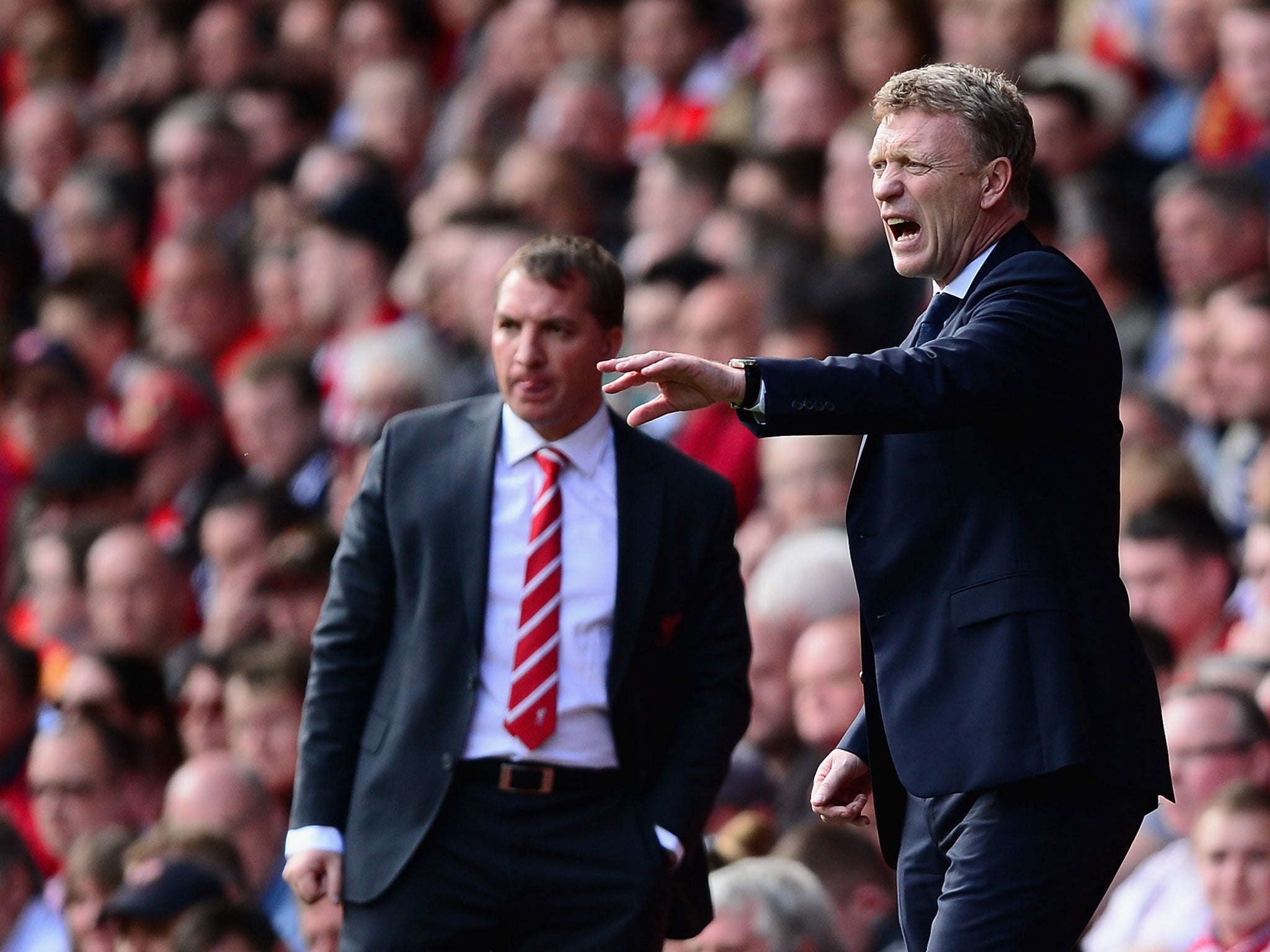 David Moyes (right) in his last Merseyside derby as Everton manager in May, with Brendan Rodgers in the background