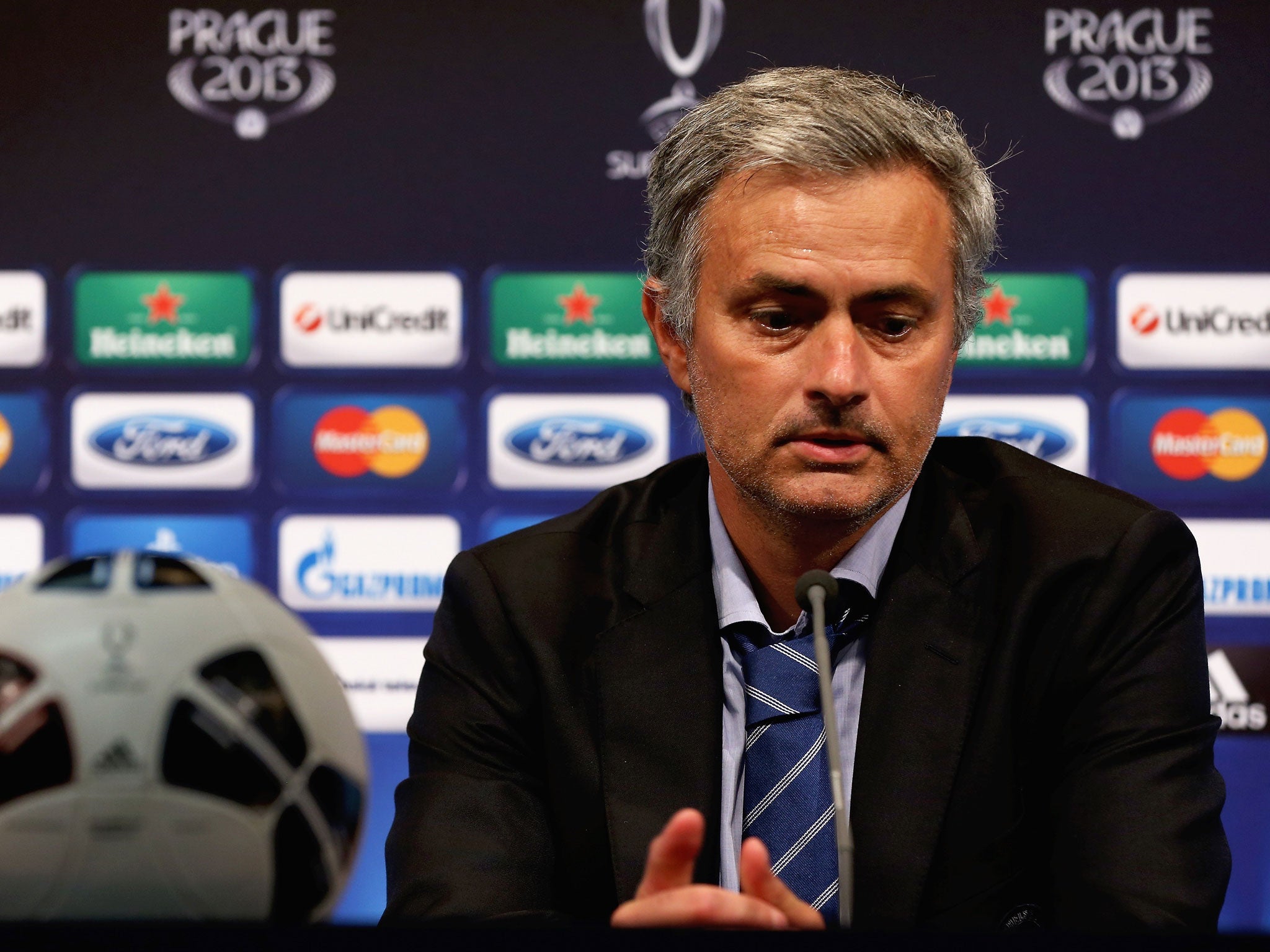 Manager Jose Mourinho of Chelsea talks to the media after the UEFA Super Cup