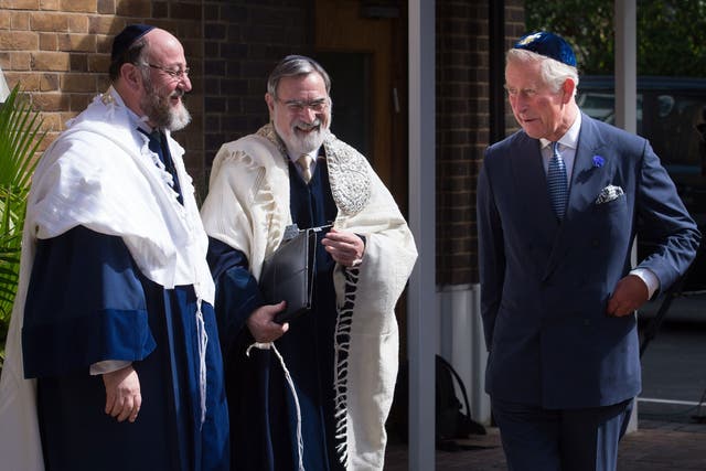 The Prince of Wales with Chief Rabbi Ephraim Mirvis, far left, and his predecessor, Lord Jonathan Sacks, at the induction ceremony