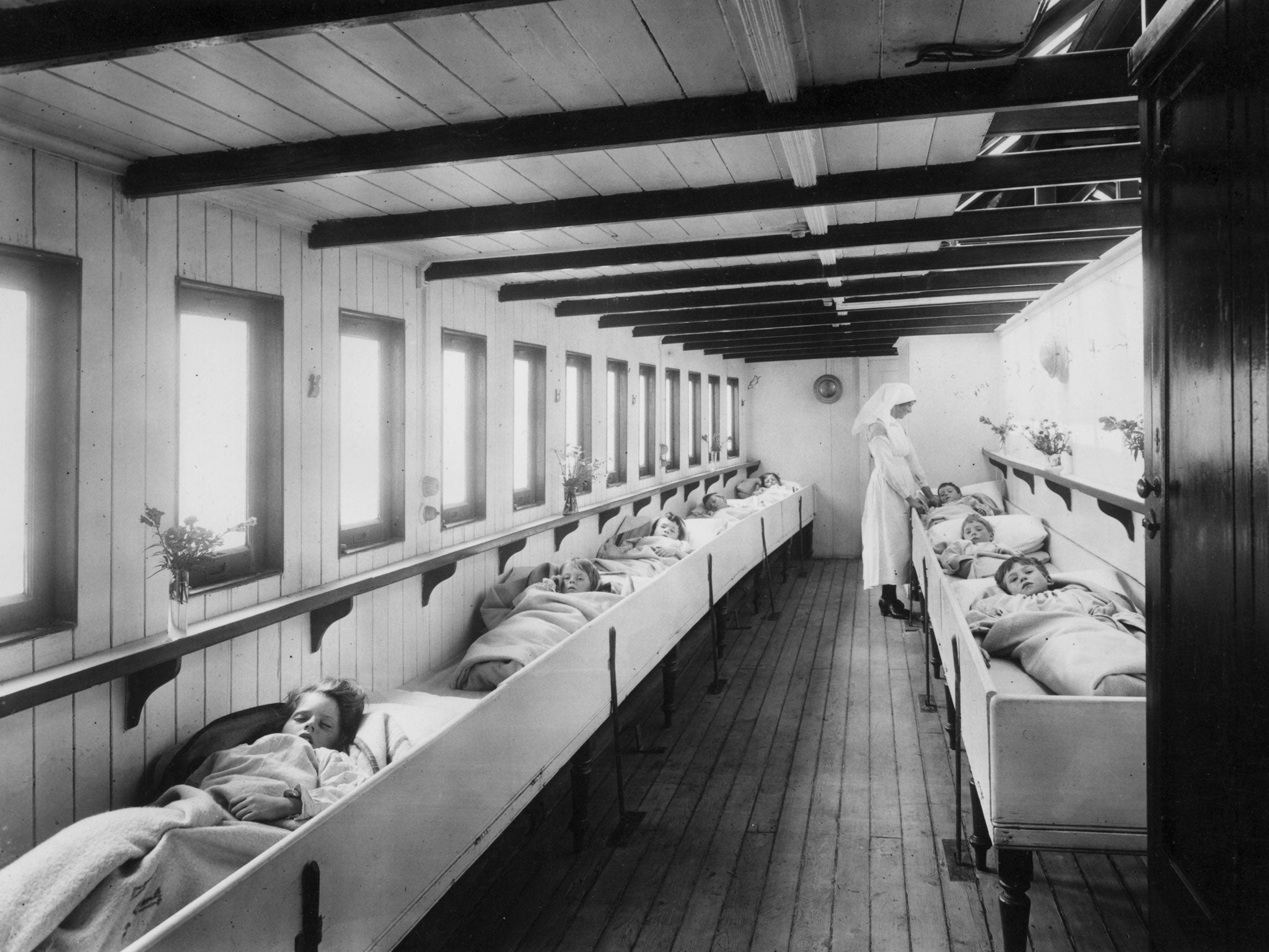 Young patients in 1922 in a river ambulance for sufferers of infectious diseases such as TB