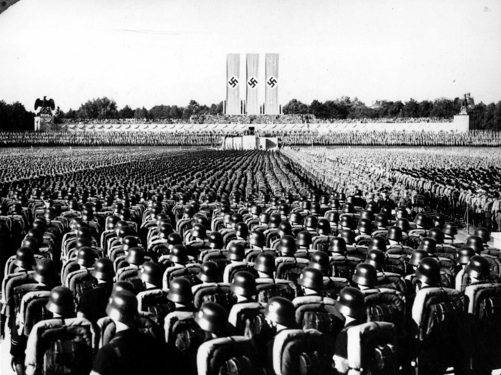 Nearly 100,000 Nazi storm troopers are gathered at Luitpold arena to listen to a speech by Adolf Hitler on 'Brown Shirt Day'