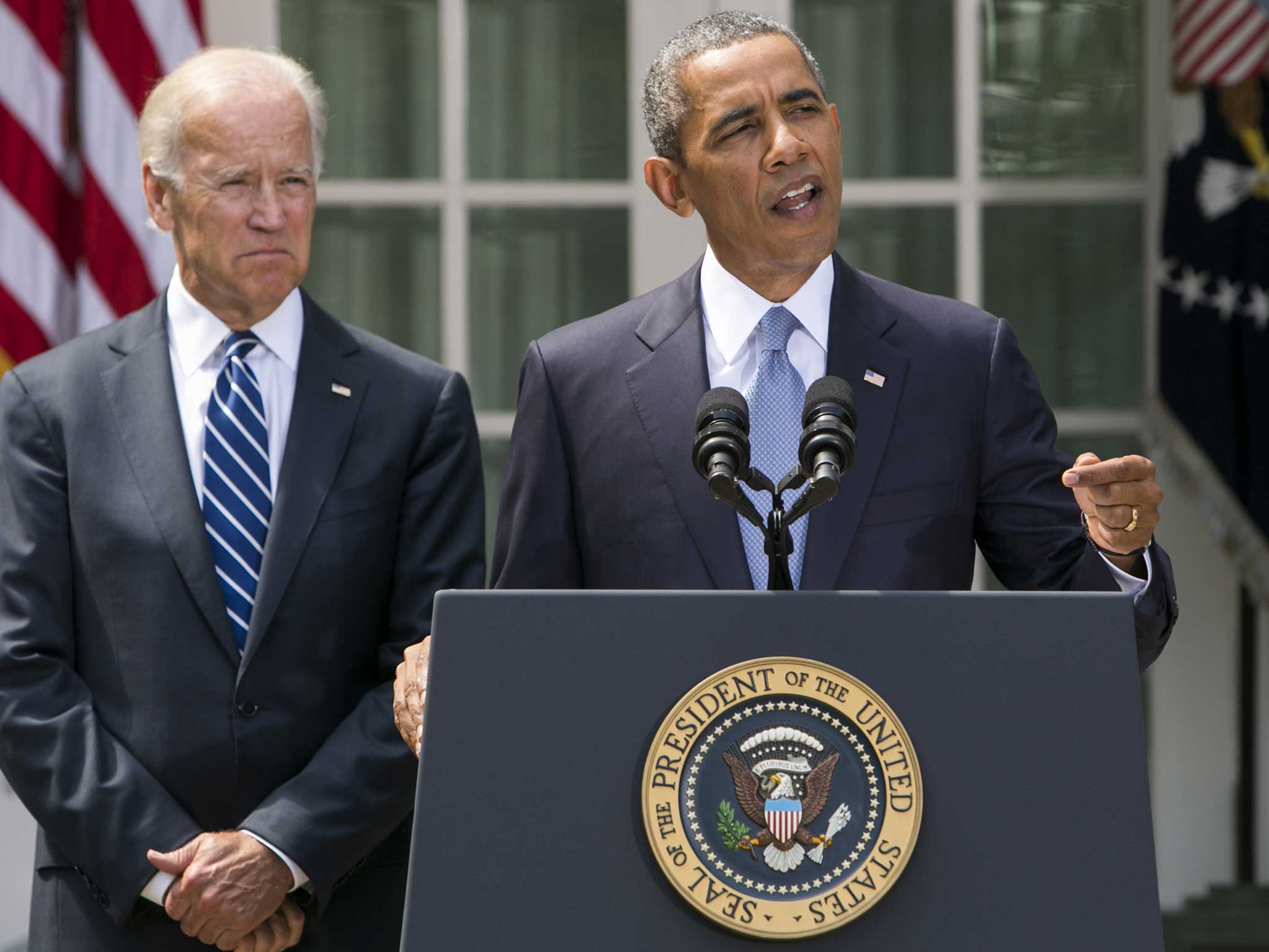 President Barack Obama (right) is joined by Vice President Joe Biden as he delivers a statement on Syria in the Rose Garden
