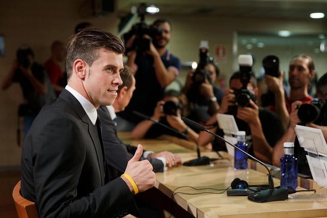 Gareth Bale at a press conference announcing his move to Real Madrid at the Estadio Santiago Bernabeu