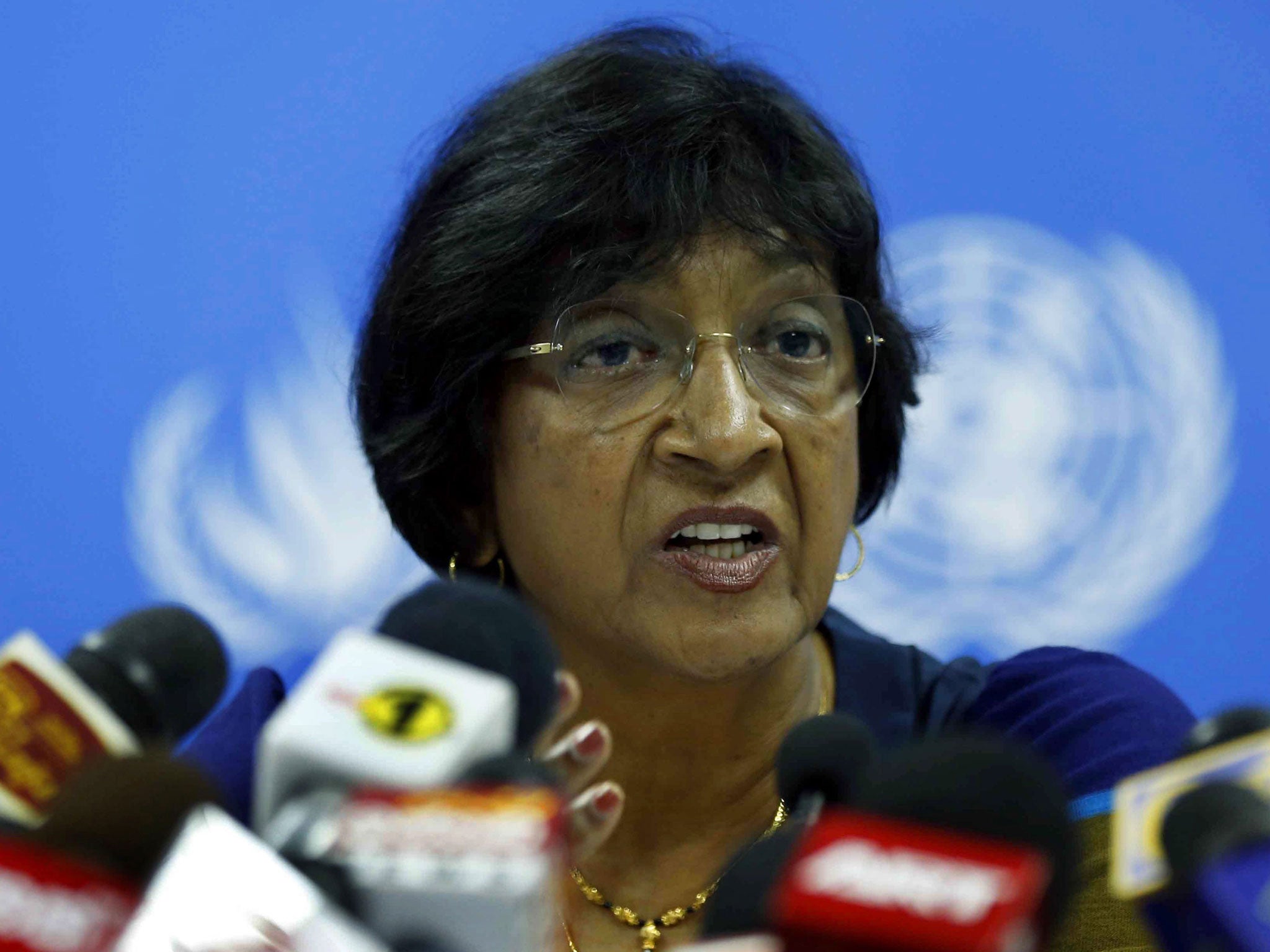 UN Human Rights Commissioner Navanethem Pillay speaks at a press conference before completing her visit in Colombo