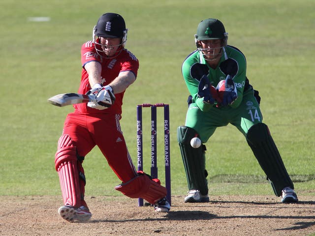 England captain Eoin Morgan dispatches a ball to the boundary against his native Ireland