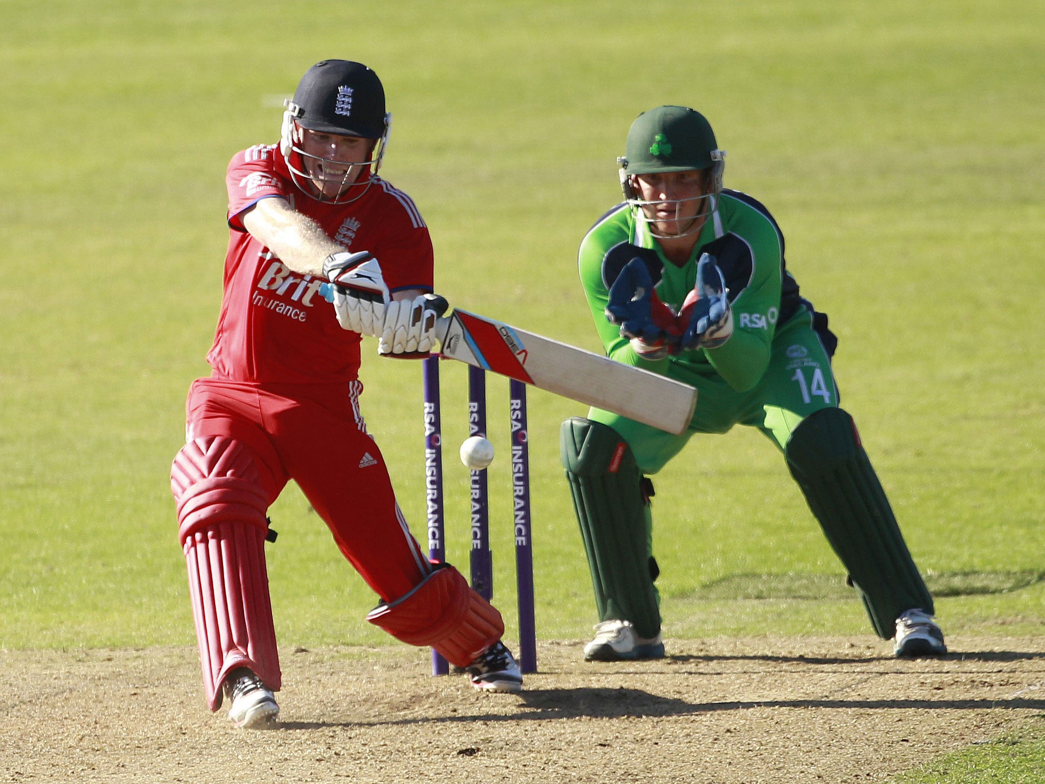 Eoin Morgan smashes another six on the way to an impressive century at Malahide