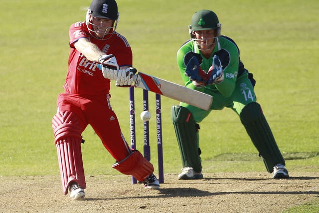 Eoin Morgan smashes another six on the way to an impressive century at Malahide