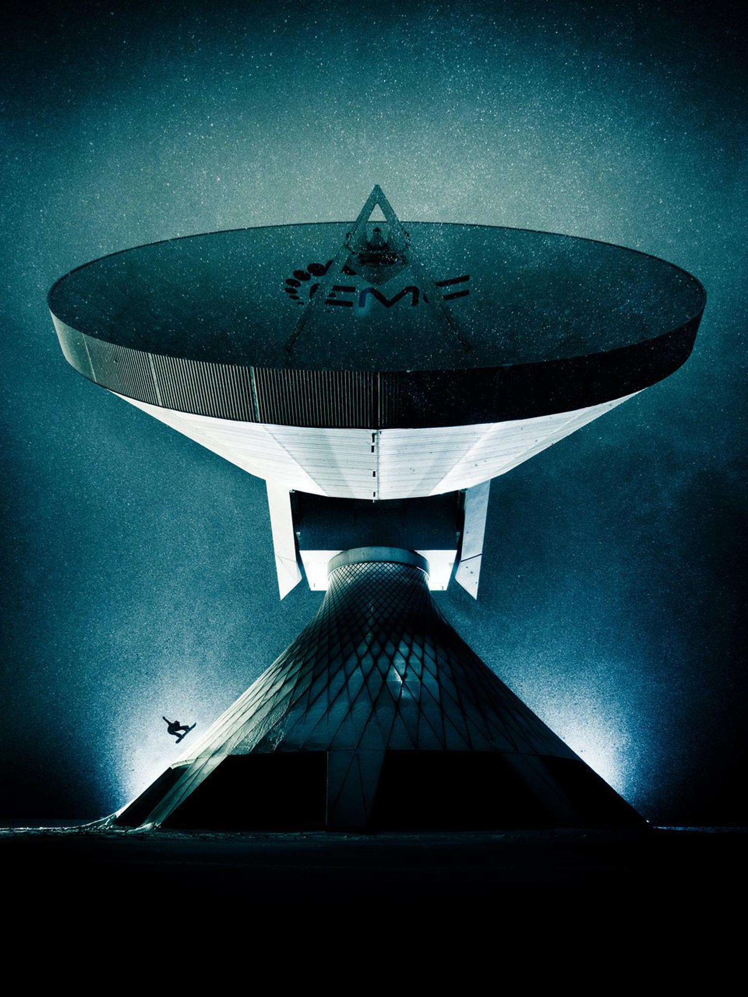 The winning entry by Lorenz Holder featuring a snowboarder on the side of a giant satellite