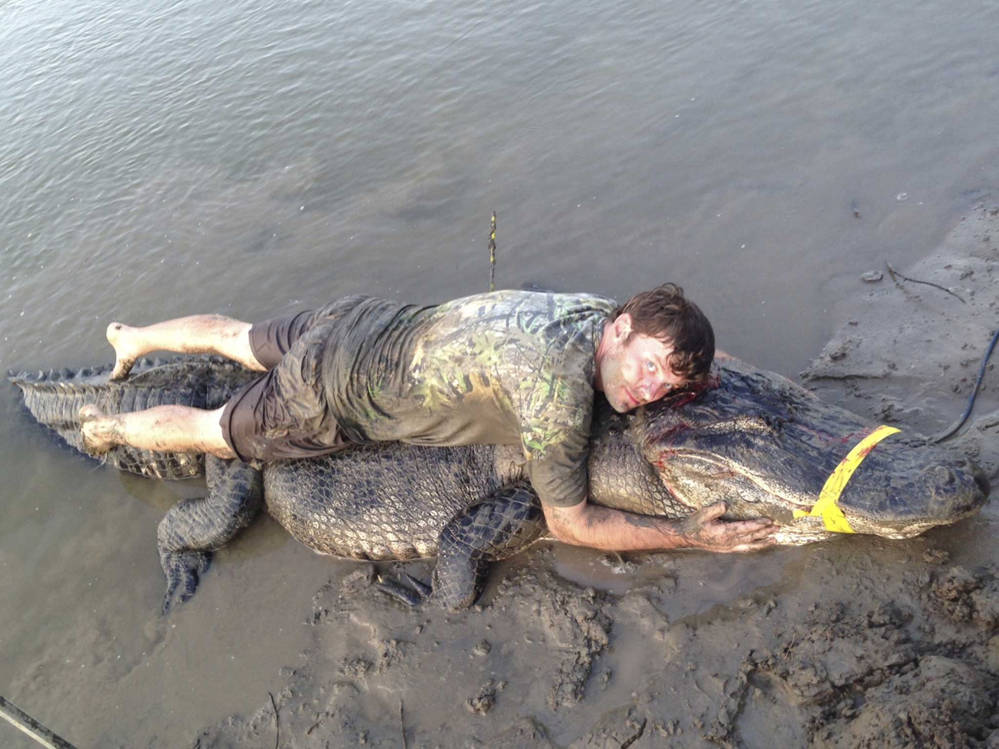 Dustin Bockman lies on top of his record-breaking alligator