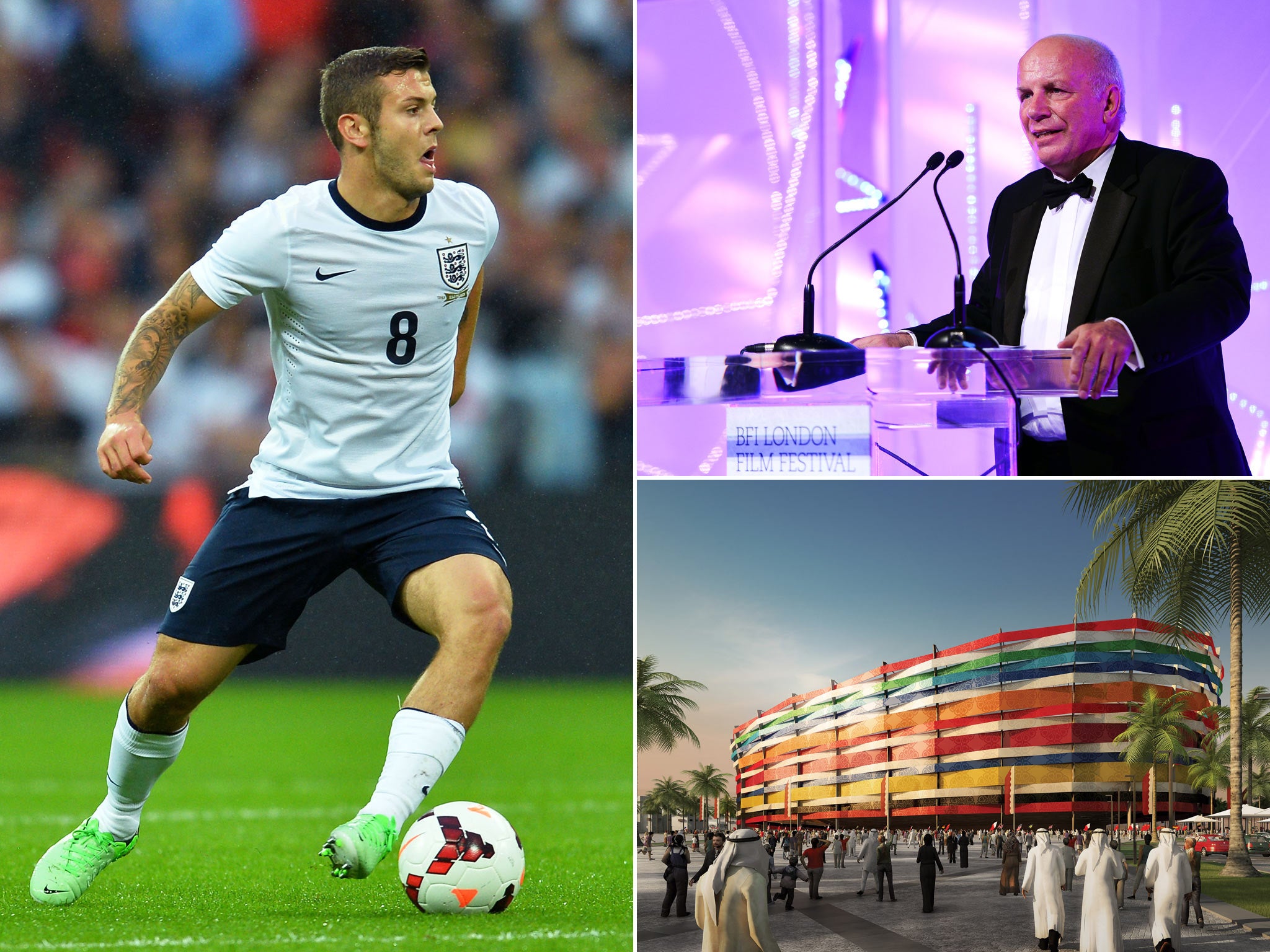 Jack Wilshere, Greg Dyke and an artists impression of one of the proposed stadiums in Qatar
