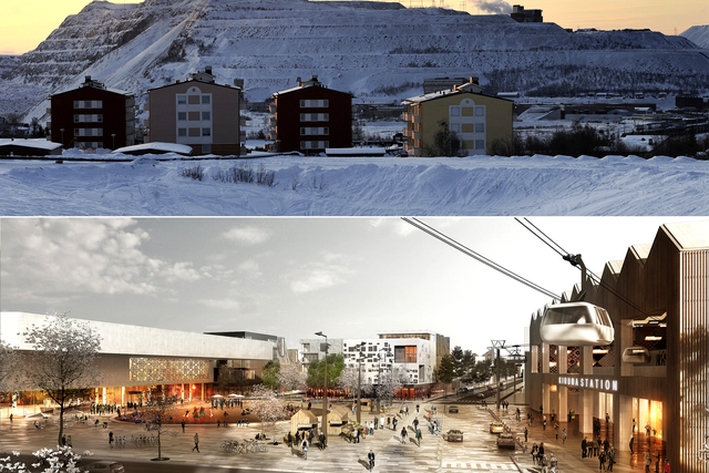 (Top) Former excavation works in the outskirts of Kiruna; (below) an artist’s impression of the new city