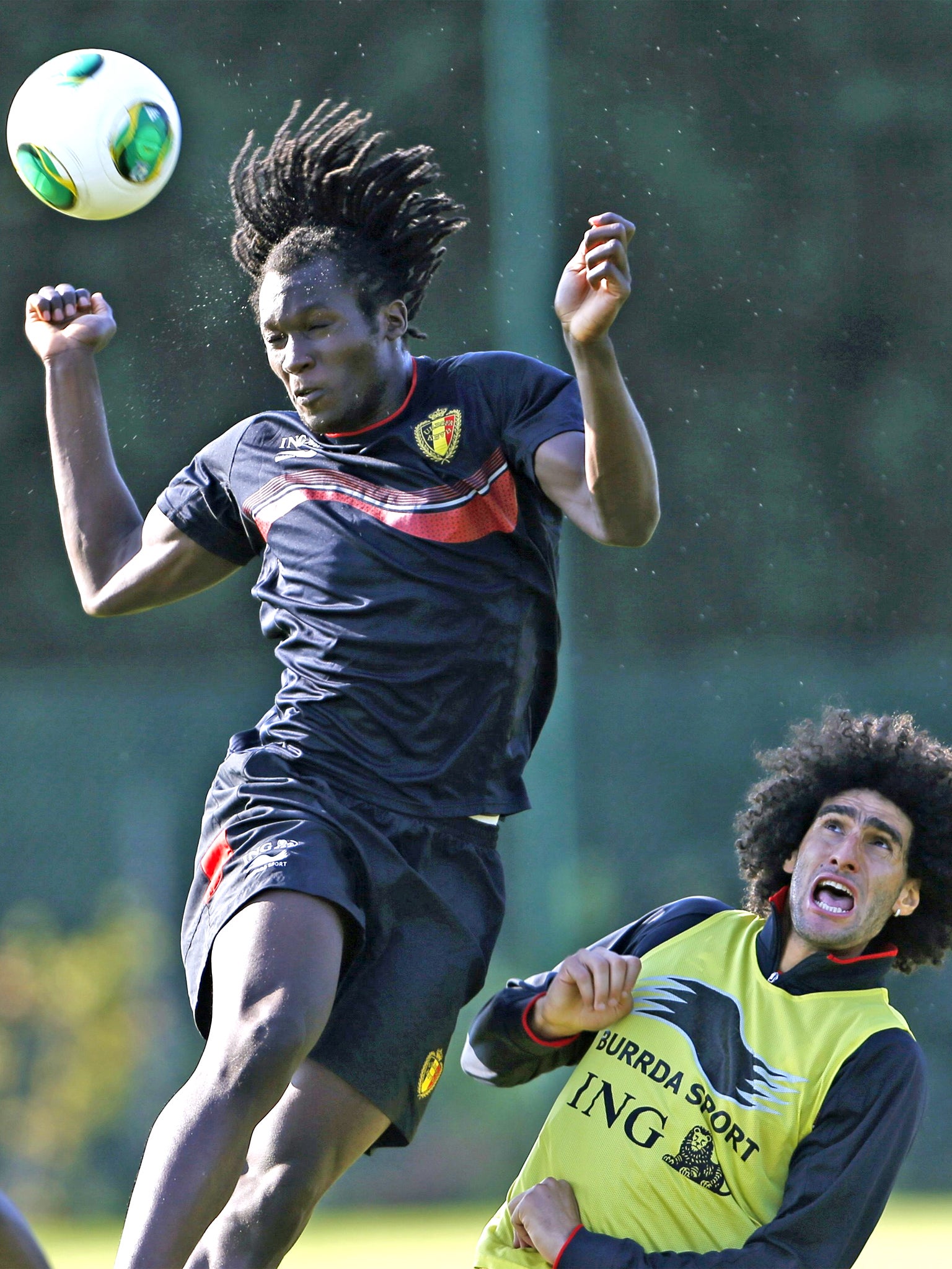 Romelu Lukaku (left) and Marouane Fellaini take part in a training session in Brussels ahead of Belgium’s game against Scotland