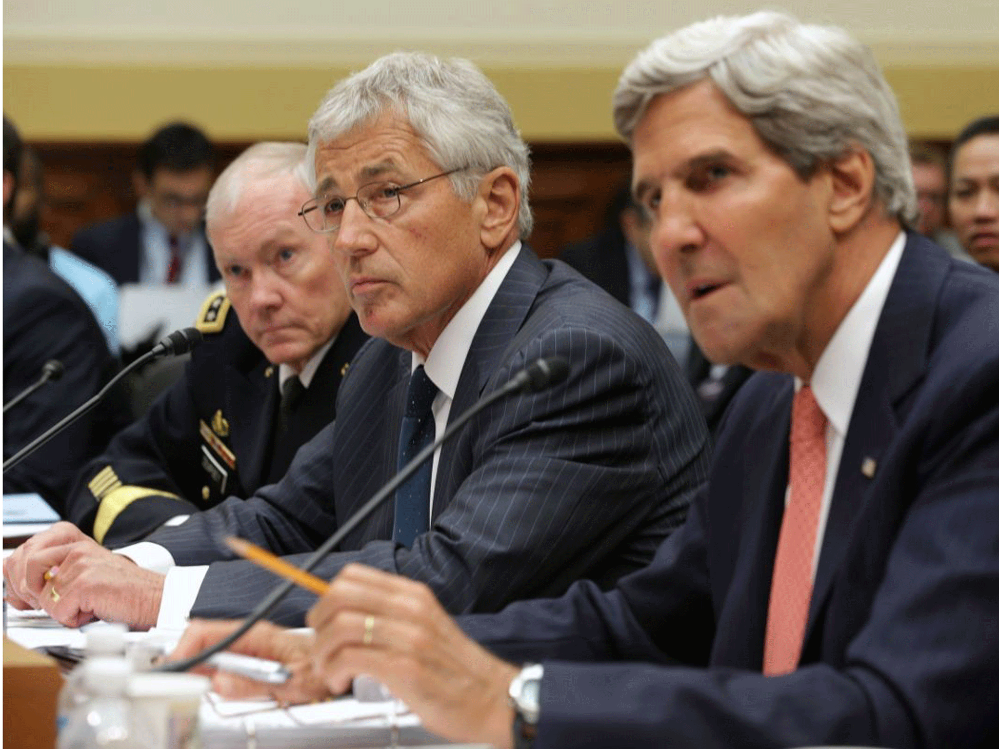 Senior members of the Obama administration face questions from the Senate Foreign Relations Committee on Wednesday. (L-R) Joint Chiefs of Staff Chairman Gen. Martin Dempsey, Defence Secretary Chuck Hagel and Secretary of State John Kerry
