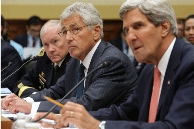 Senior members of the Obama administration face questions from the Senate Foreign Relations Committee on Wednesday. (L-R) Joint Chiefs of Staff Chairman Gen. Martin Dempsey, Defence Secretary Chuck Hagel and Secretary of State John Kerry