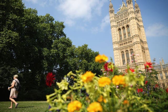 A woman walks through Victoria Tower Gardens on 4 September, 2013, as much of Britain is experiencing higher than average temperatures