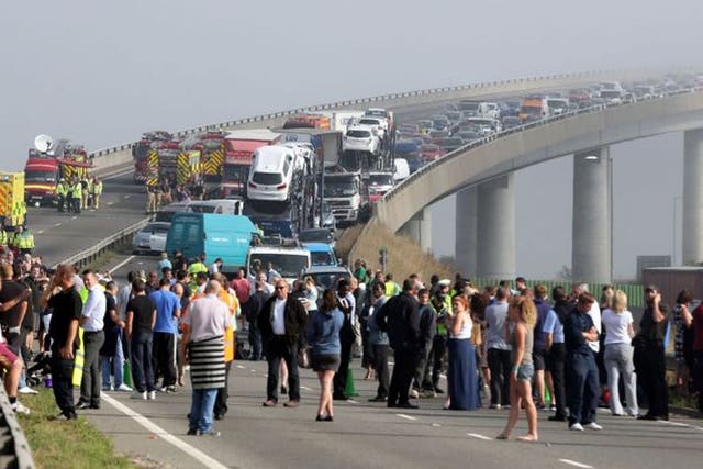 A general view of the scene on the London bound carriageway of the Sheppey Bridge Crossing near Sheerness in Kent